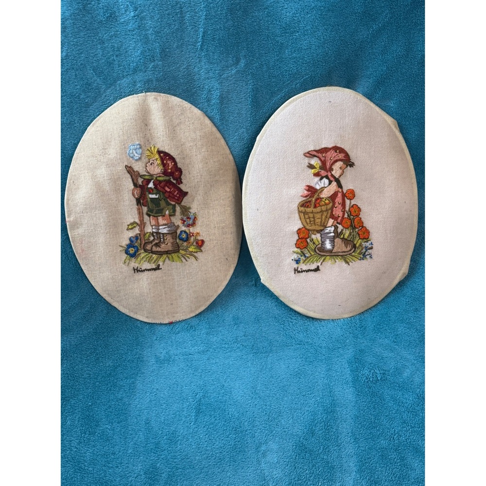 Vintage Goebel Hummel Needlepoint Embroidery Set 2 Oval Boy Girl 12x9 Germany